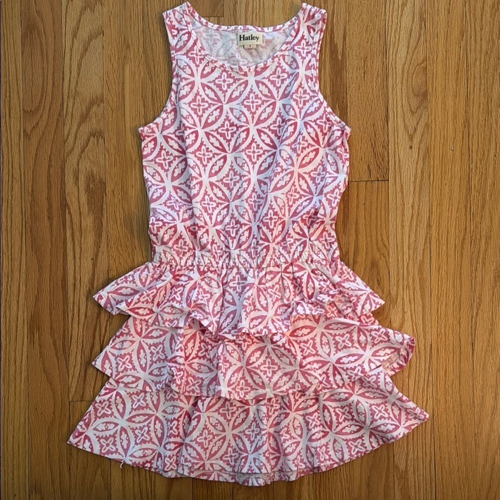 Hatley sz 8 Pink and White Patterned Kids Dress ruffled layers like new‎ cond